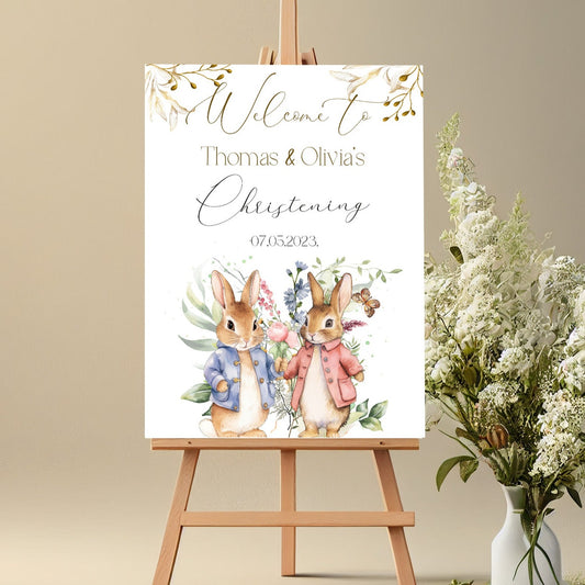 Twins Rabbit Christening Welcome Banner