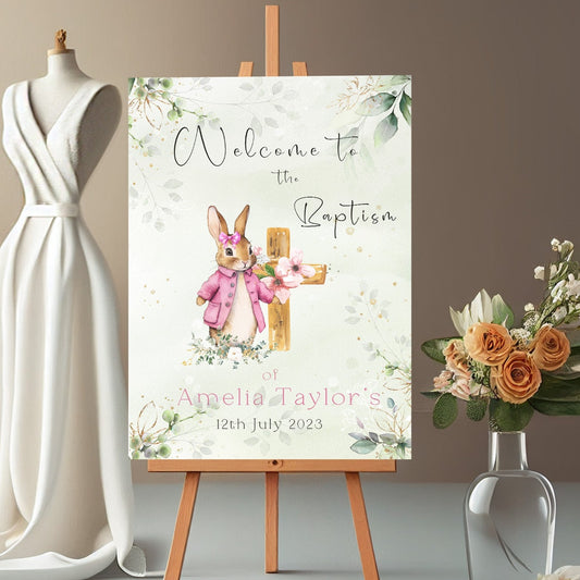 Pink Cute Rabbit Christening Welcome Banner