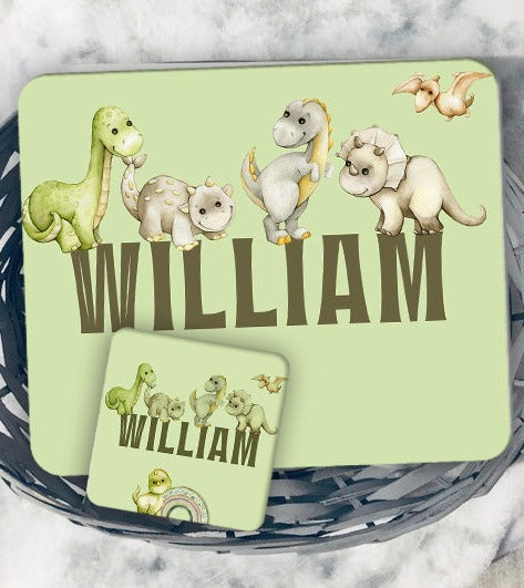 Dino Theme Kids Personalised Placemat Coaster Set