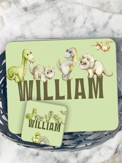 Dino Theme Kids Personalised Placemat Coaster Set