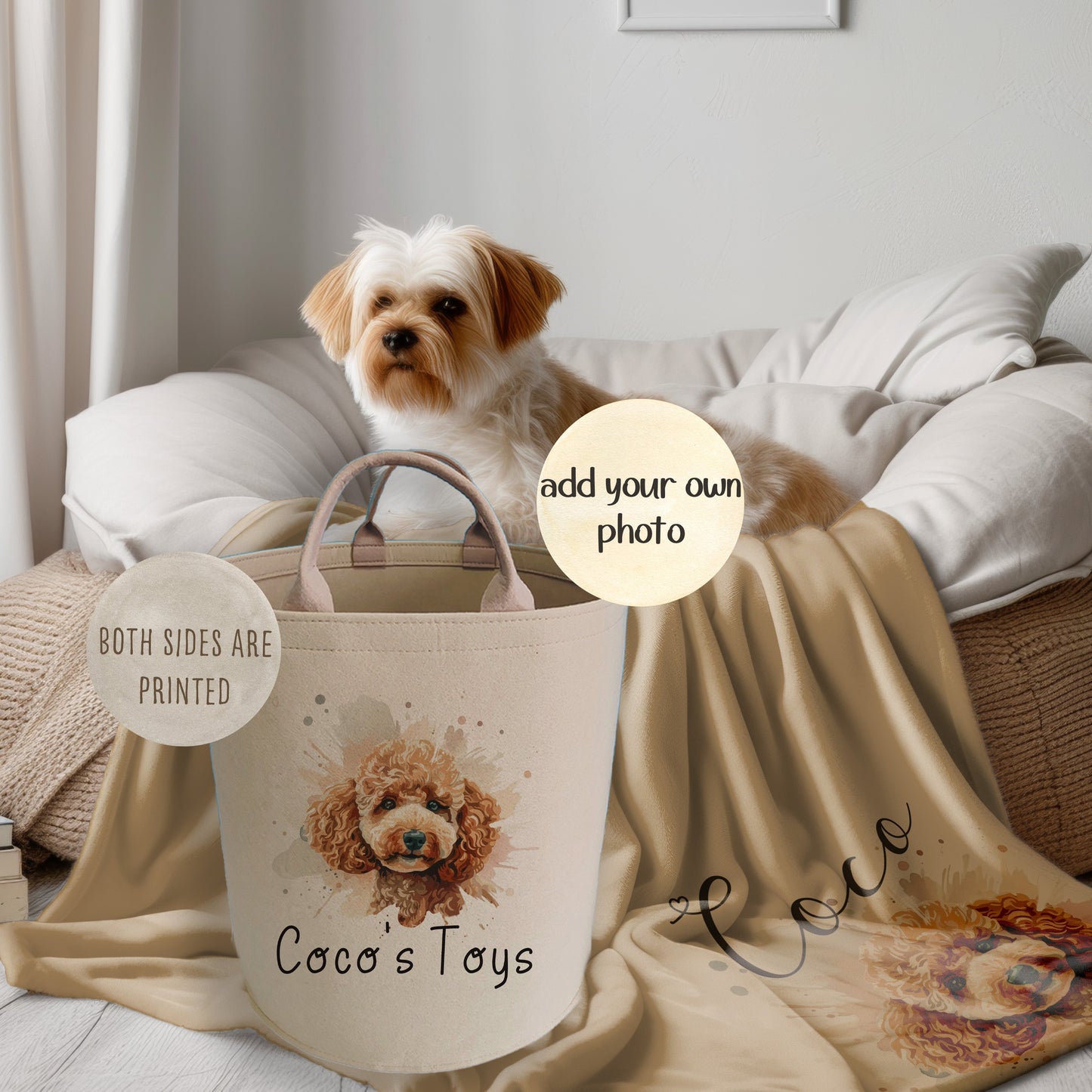 Personalised Cute Dog Toy Storage Basket with Matching Soft Customised Blanket