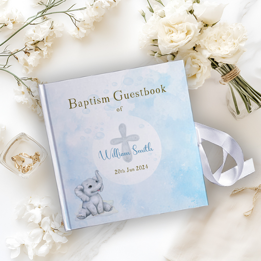 Personalised Blue Elephant Theme  Christening Baptism Guestbook with Ribbon