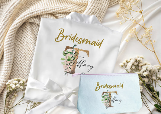 Bridesmaids White Cream Floral Robe make up bag - Personalised Satin Wedding Dressing Gown