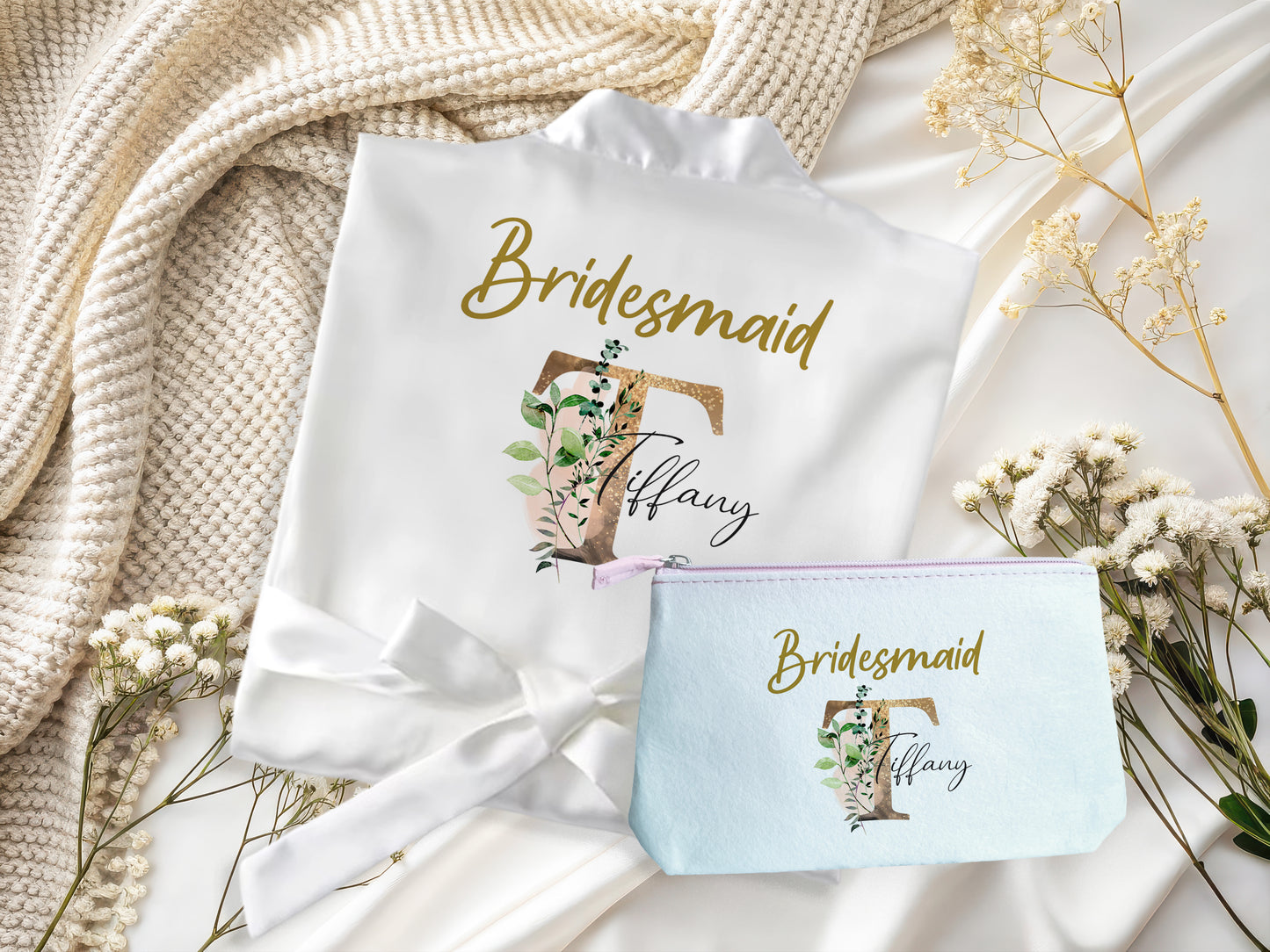 Bridesmaids White Cream Floral Robe make up bag - Personalised Satin Wedding Dressing Gown