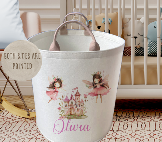 Personalised Pink Fairy Design Large Toy basket Gift Set With Cushion