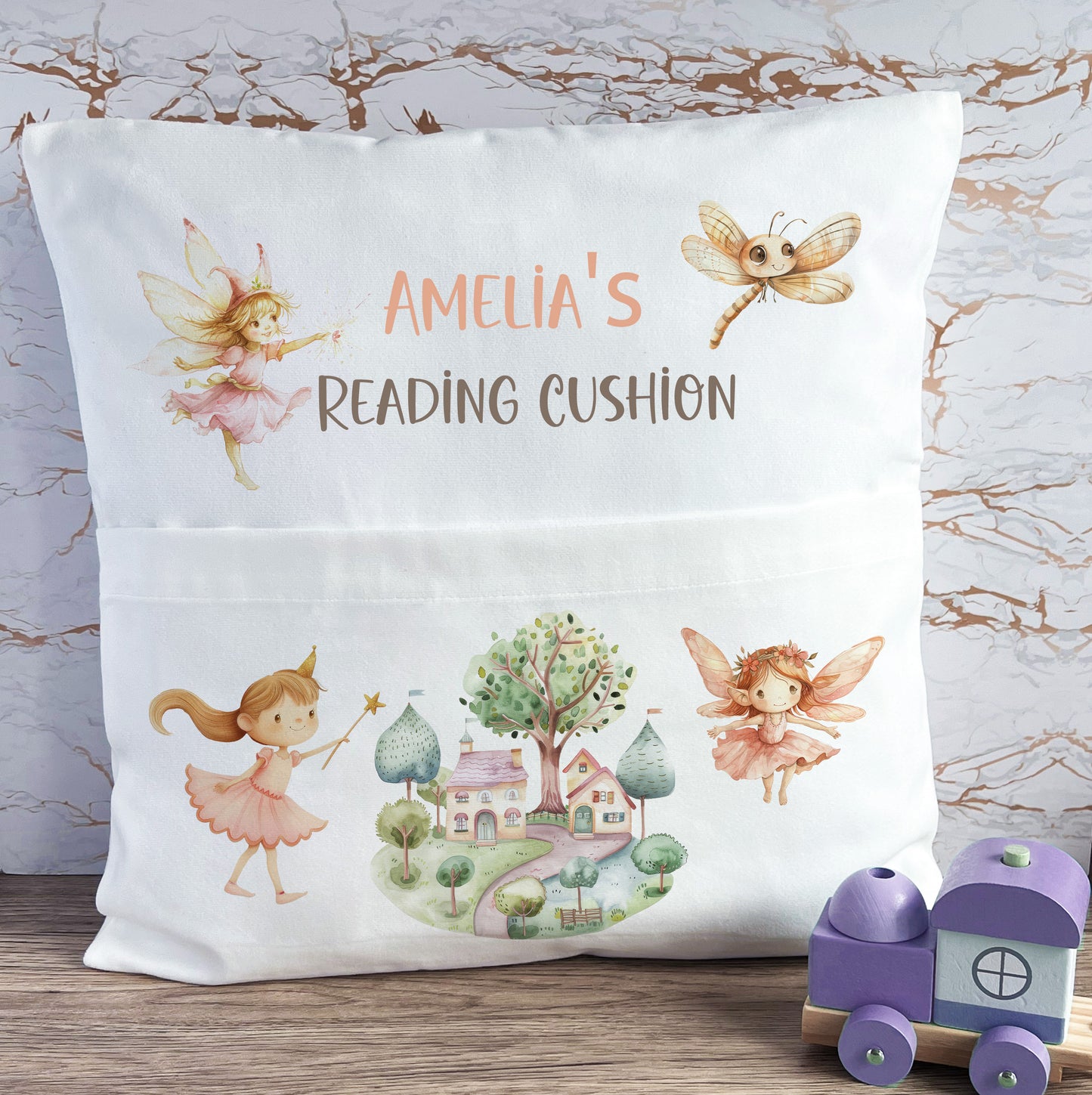 Personalised Woodland Fairy Castle Design Nursery Pocket Cushion