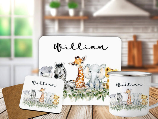 Safari Animals Kids Personalised Placemat Coaster Set