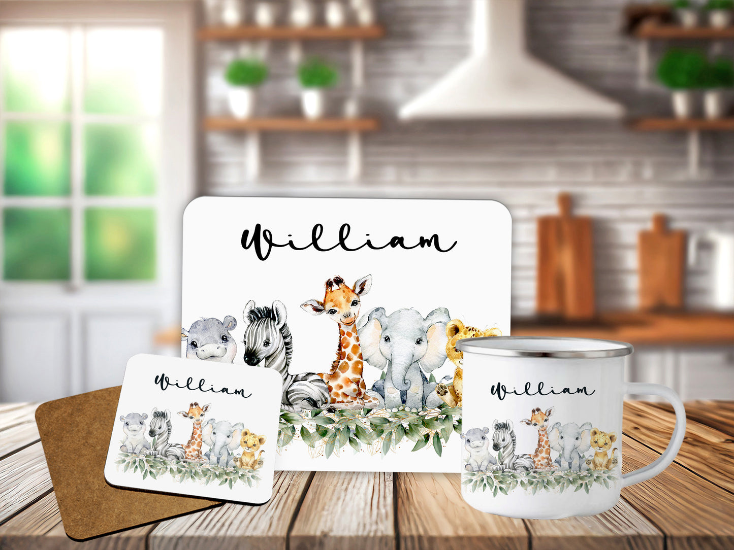 Safari Animals Kids Personalised Placemat Coaster Set