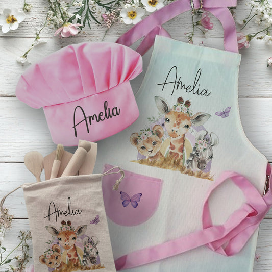 Safari Animals - Personalised Kids Linen Apron Baking Set