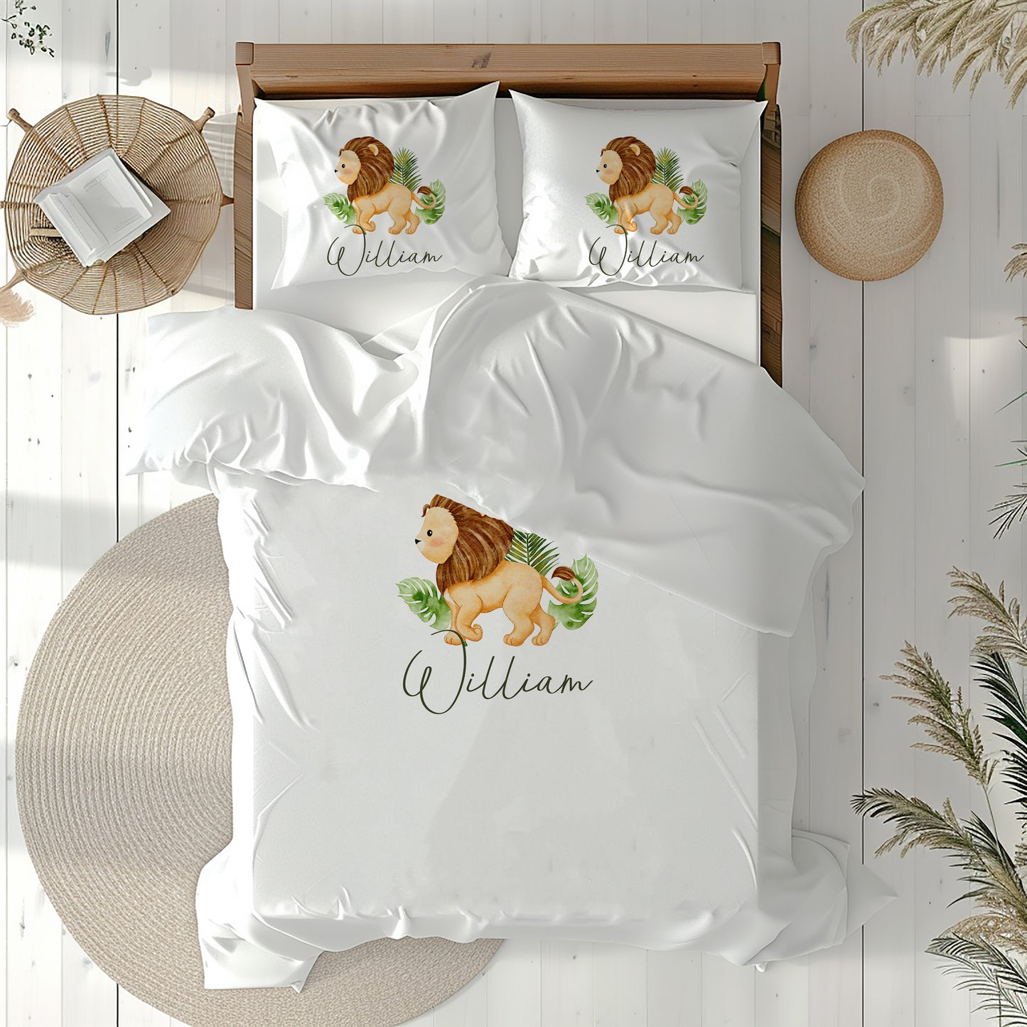 Personalised Lion Safari Bedding Set - Custom Name Jungle Nursery Duvet Cover & Pillowcase - King of the Jungle Kids Bedroom Decor