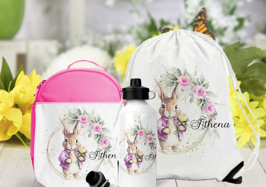 Pink Rabbit Theme Personalised Lunch Bag Bottle PE Set