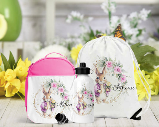 Pink Rabbit Theme Personalised Lunch Bag Bottle PE Set