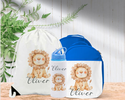 Jungle Animal Lion Print Personalised Lunch Bag Bottle PE Set