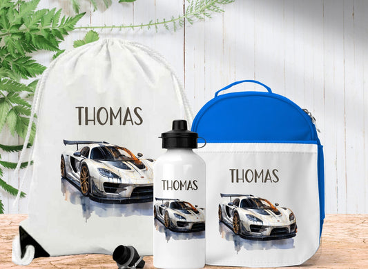 Sports Car Personalised Lunch Bag Bottle PE Set