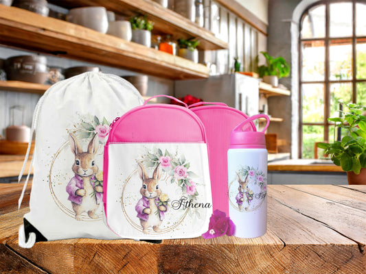 Floral Wreath Pink Rabbit Theme Personalised Lunch Bag Bottle PE Set
