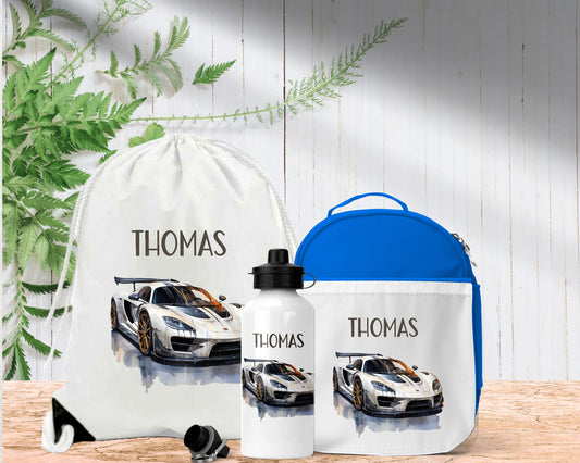 Sports Car Personalised Lunch Bag Bottle PE Set