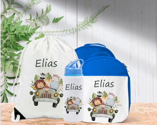 Safari Animals in Car Personalised Lunch Bag Bottle PE Set
