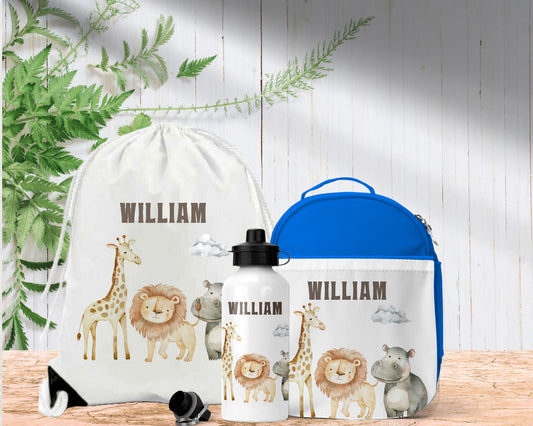 Safari Animals Personalised Lunch Bag Bottle PE Set