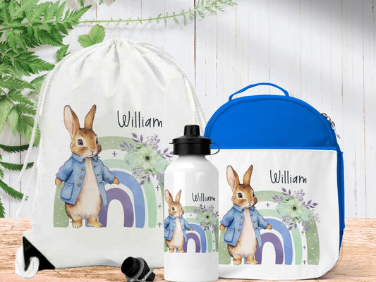 Cute Bunny with Rainbow Personalised Lunch Bag Bottle PE Set