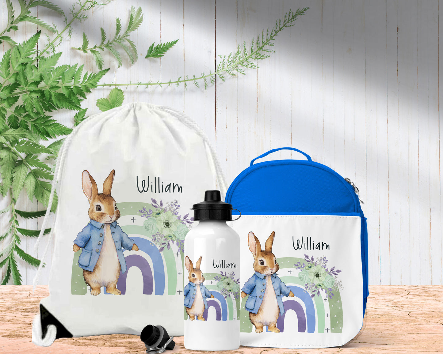 Cute Bunny with Rainbow Personalised Lunch Bag Bottle PE Set