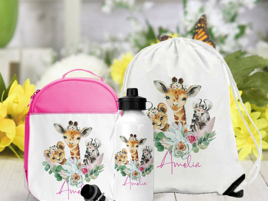 Cute Safari Animals Personalised Lunch Bag Bottle PE Set