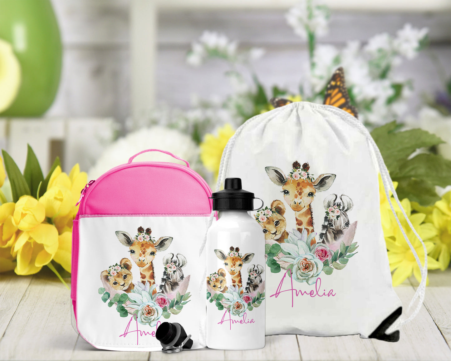 Cute Safari Animals Personalised Lunch Bag Bottle PE Set