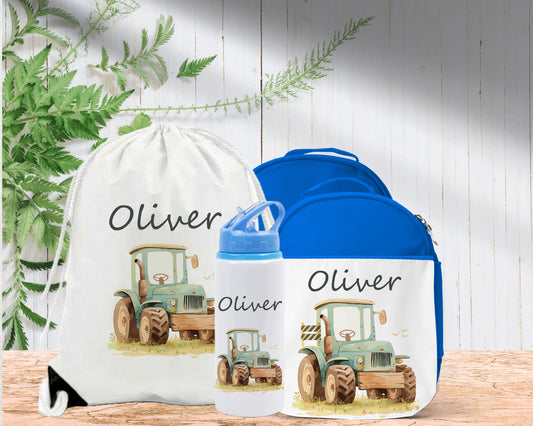 Tractor Farmer Theme Personalised Lunch Bag Bottle PE Set