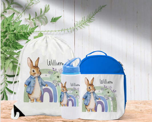 Cute Bunny with Rainbow Personalised Lunch Bag Bottle PE Set