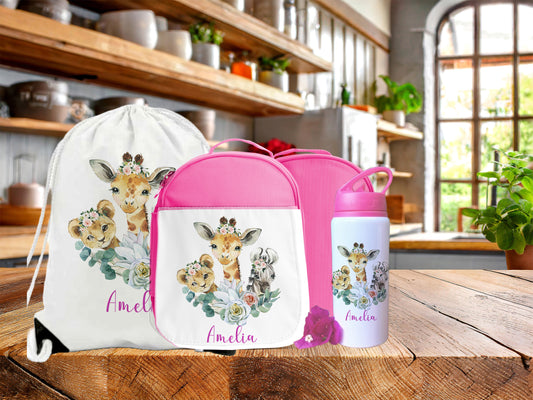 Cute Safari Animals Personalised Lunch Bag Bottle PE Set