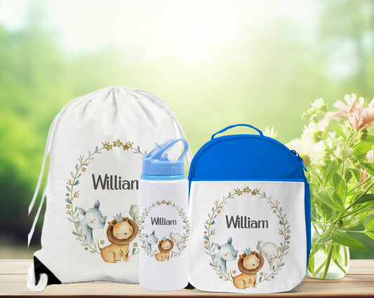 Safari Animals Personalised Lunch Bag Bottle PE Set
