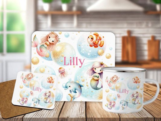 Personalised Mermaid Theme Placemat Coaster Mug Gift Set