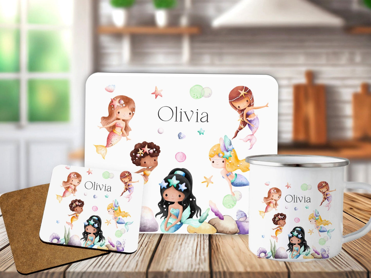 Personalised Mermaid Theme Unique Placemat Coaster Mug Gift Set