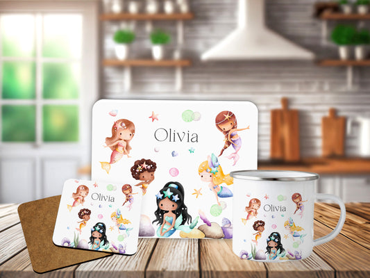 Personalised Mermaid Theme Unique Placemat Coaster Mug Gift Set