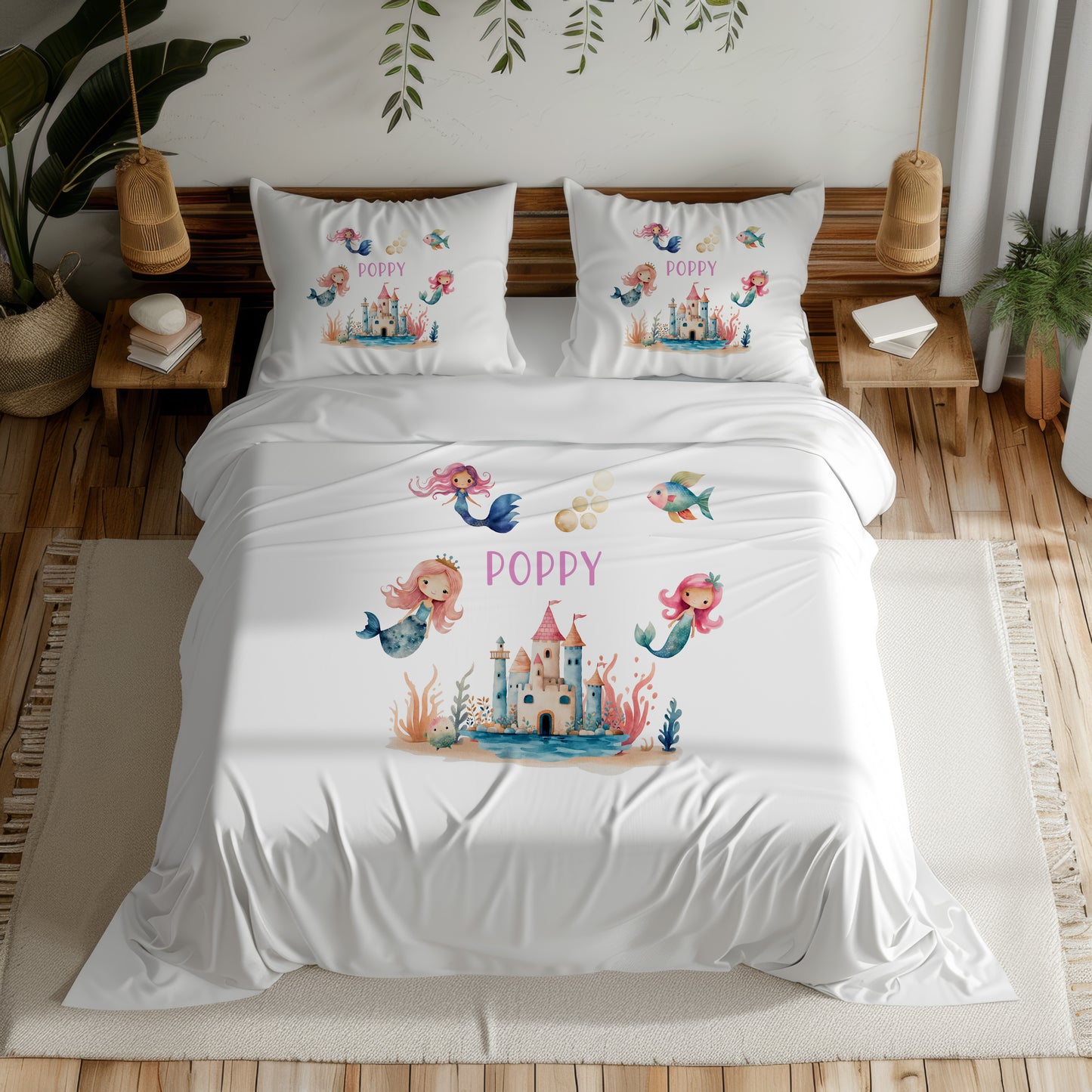 Personalised Mermaid Bedding Set - Custom Name Under the Sea Girls Duvet Cover & Pillowcase - Watercolour Mermaid Castle Bedroom Decor