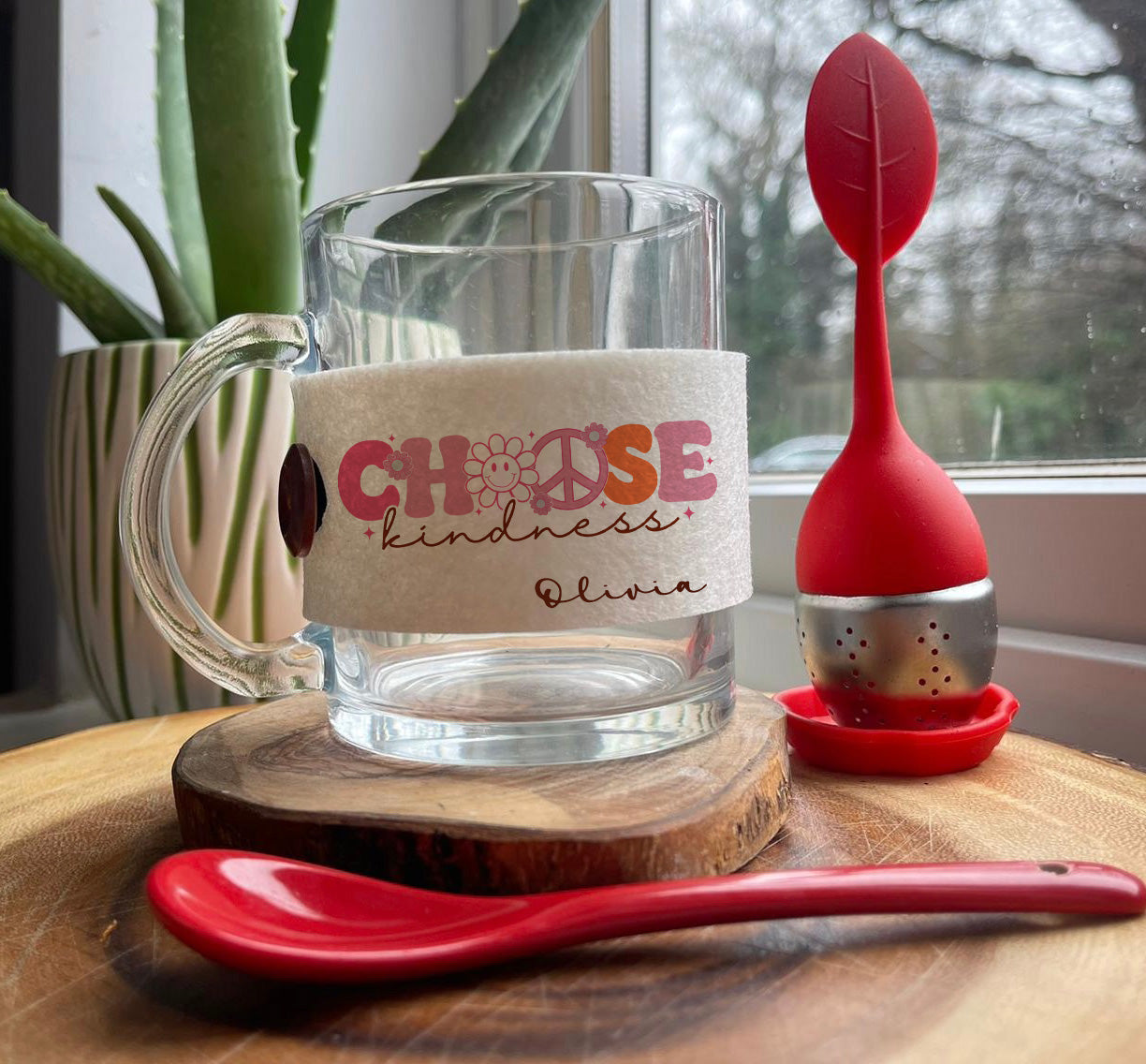 'Choose Kindness' Personalised  Glass Tea Mug Gift Set With Infuser