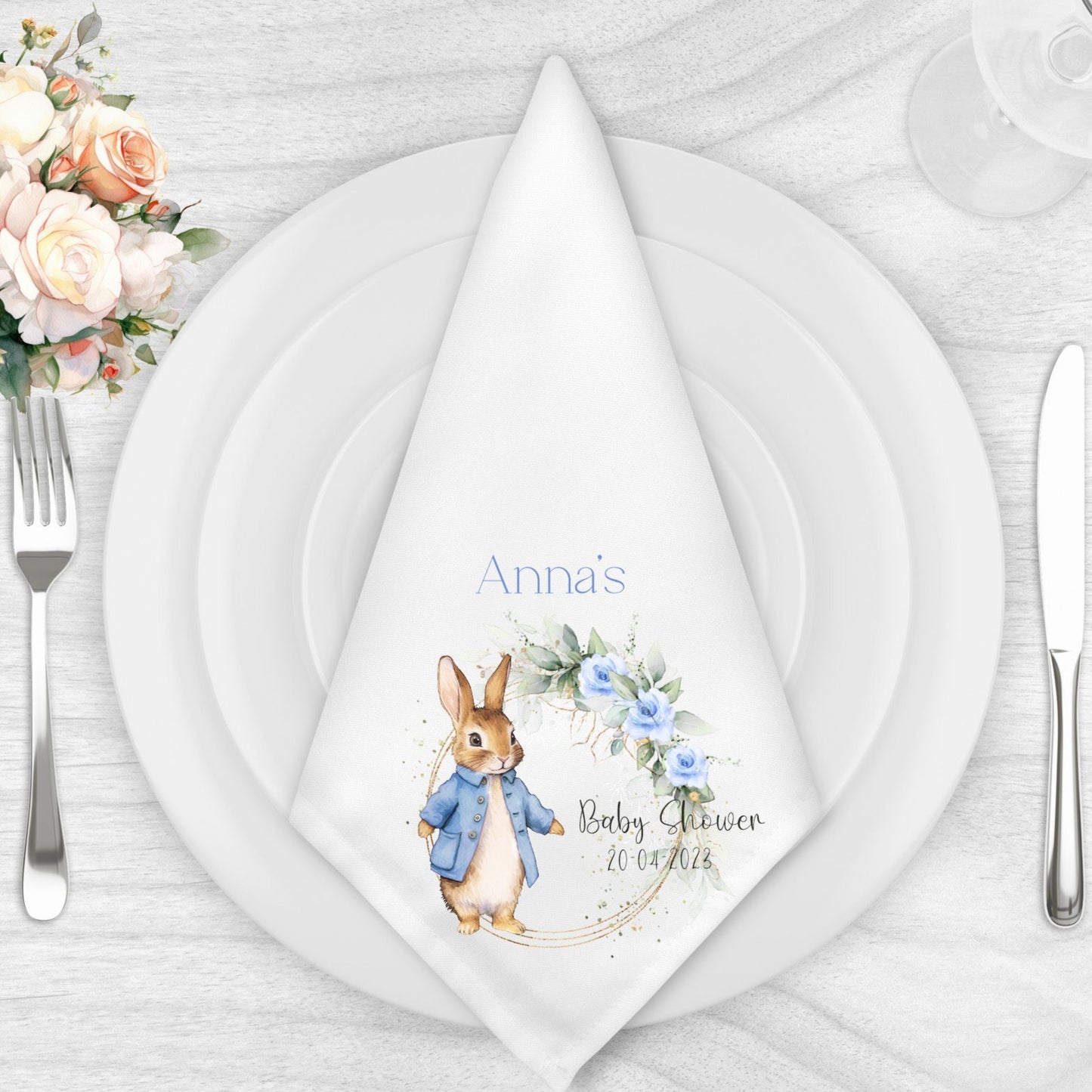 Personalised Blue Rabbit Baby Shower Napkin Set