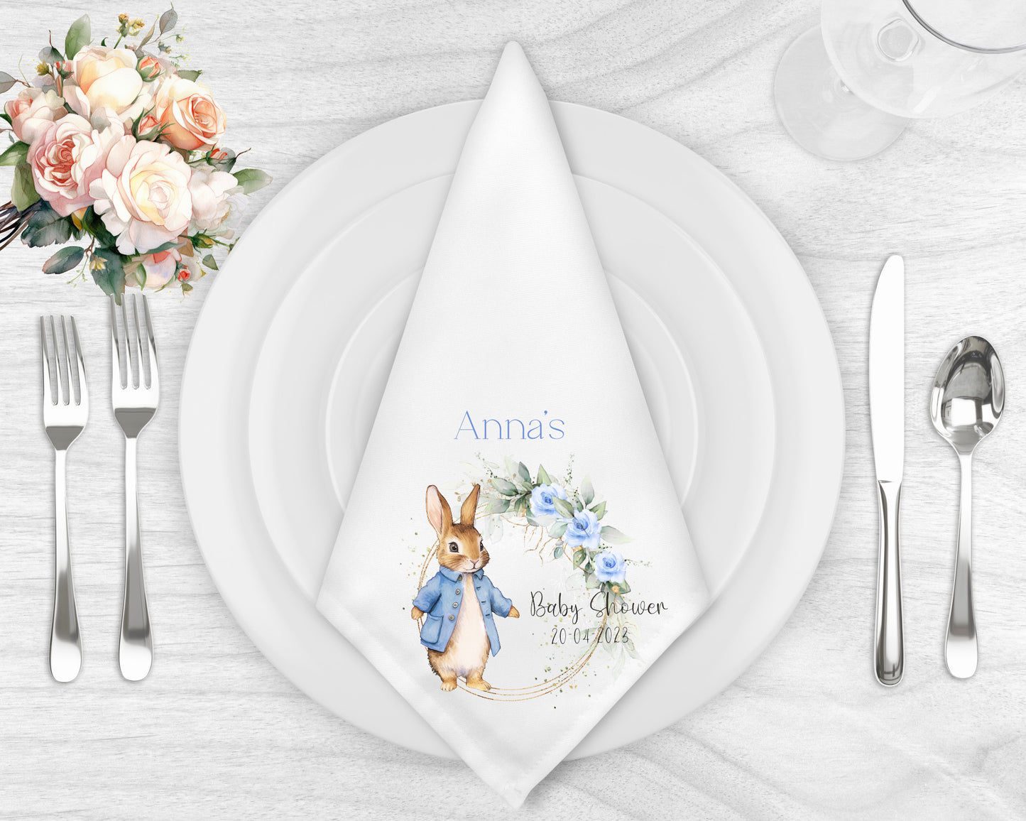 Personalised Blue Rabbit Baby Shower Napkin Set