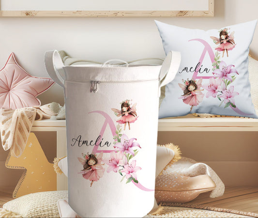 Personalised Pink Initial Fairy Large Toy basket Gift Set With Cushion