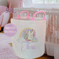Personalised Unicorn Rainbow Pink Large Toy basket Gift Set With Cushion