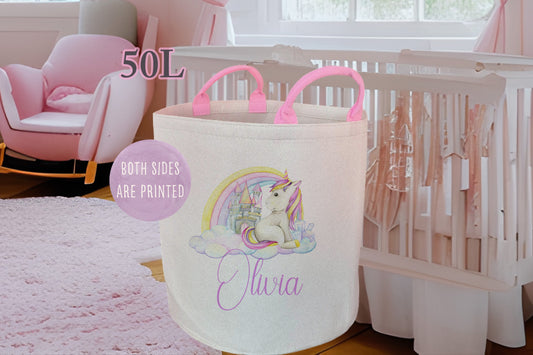 Personalised Unicorn Rainbow Pink Large Toy basket Gift Set With Cushion