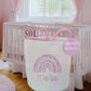 Personalised Pink Girls Rainbow Toy basket Gift Set With Cushion