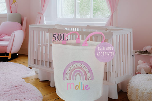 Personalised Pink Girls Rainbow Toy basket Gift Set With Cushion
