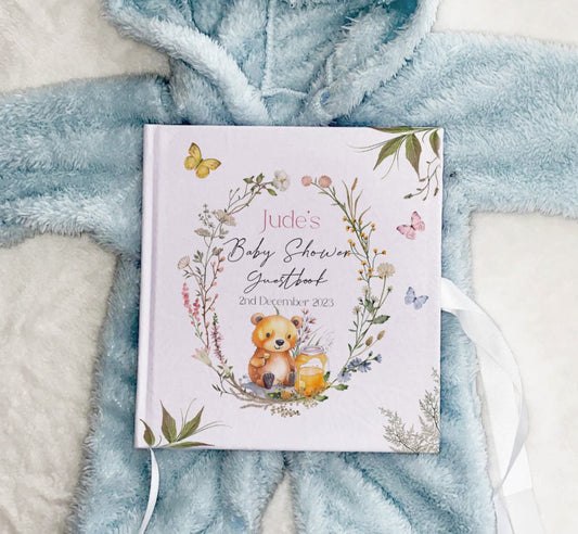 Personalised Floral Bear Theme Baby Shower Guestbook with Ribbon