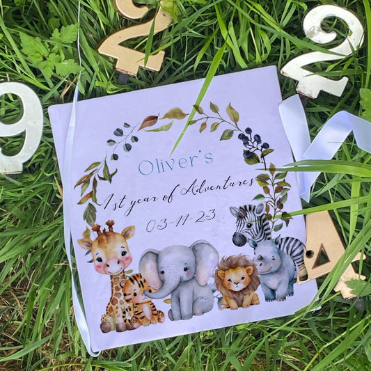 Personalised Safari Wreath Birthday  Memory Book with Ribbon