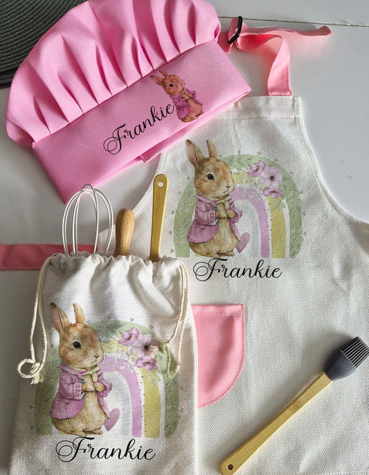 Pretty Pink Bunny - Personalised Kids Unique Linen Baking Set