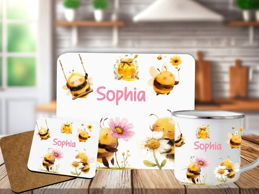 Personalised Honey Bees Placemat Coaster Mug Kids Gift Set