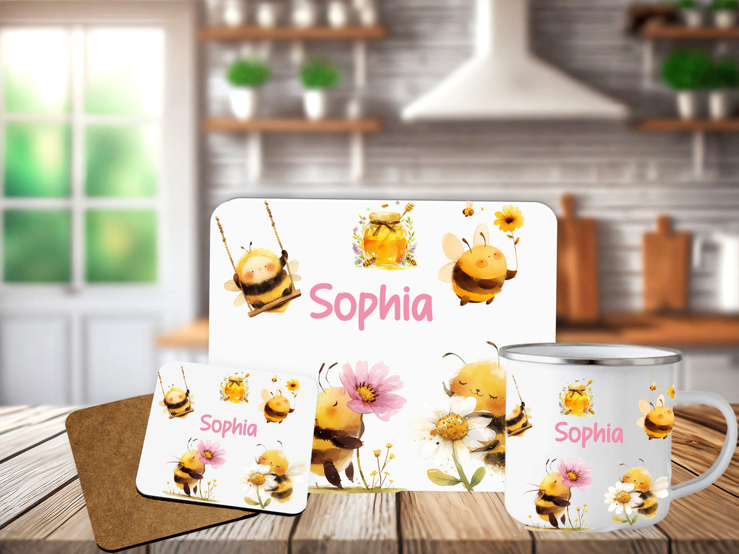 Personalised Honey Bees Placemat Coaster Mug Kids Gift Set