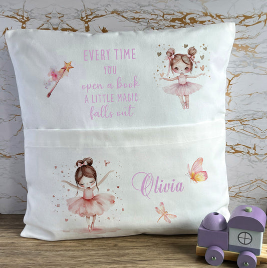 Personalised Pink Magical Ballerina Design Nursery Pocket Cushion