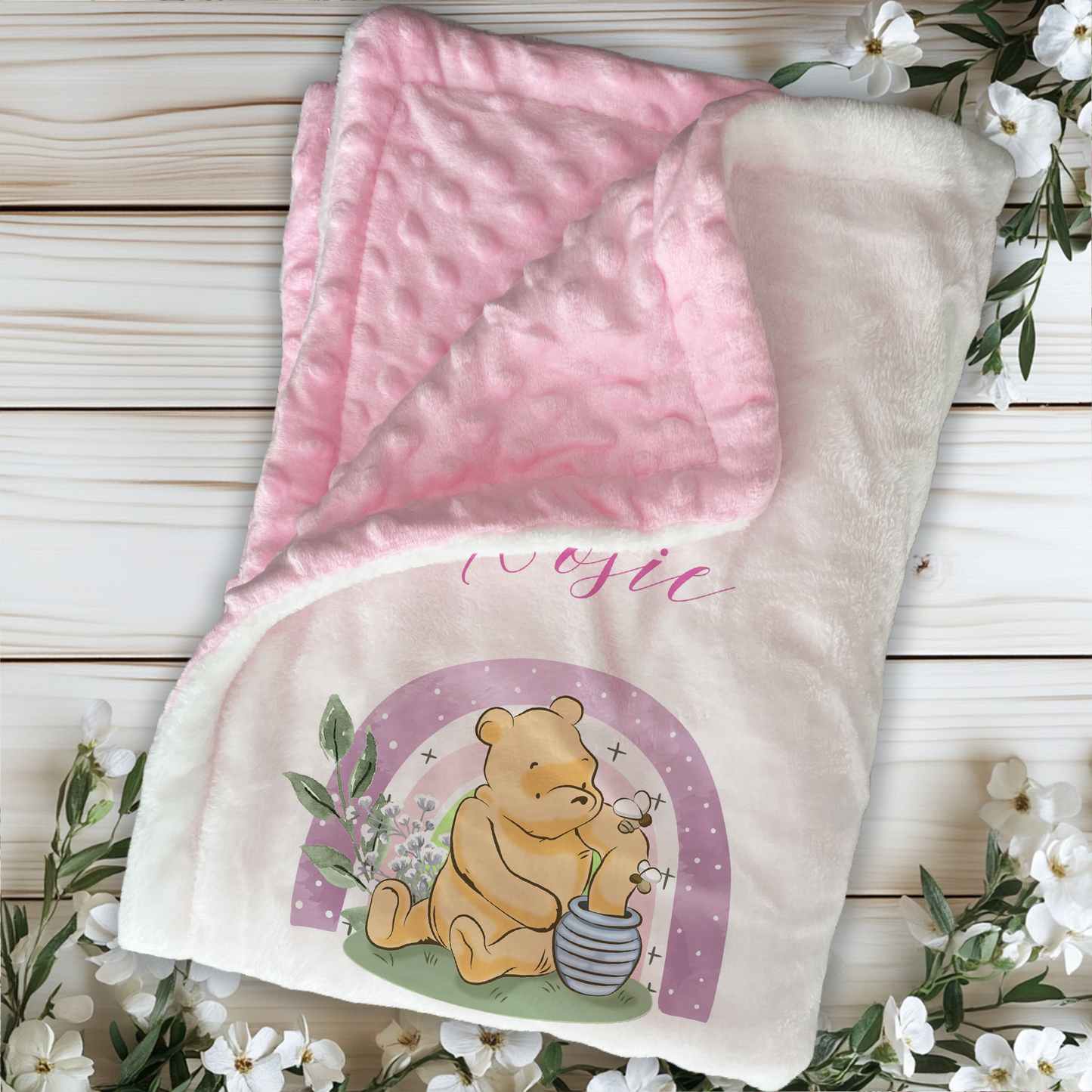 Pooh bear Pink Rainbow Design Baby Blanket Set