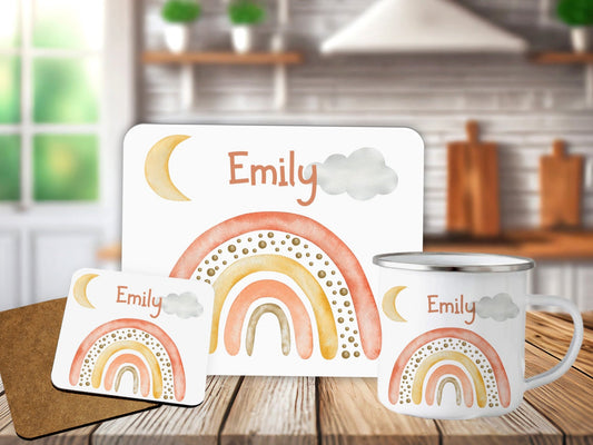 Personalised Pink Rainbow Placemat Coaster Mug Kids Gift Set